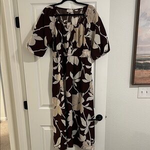 LOFT Brown and Cream Floral Midi Dress